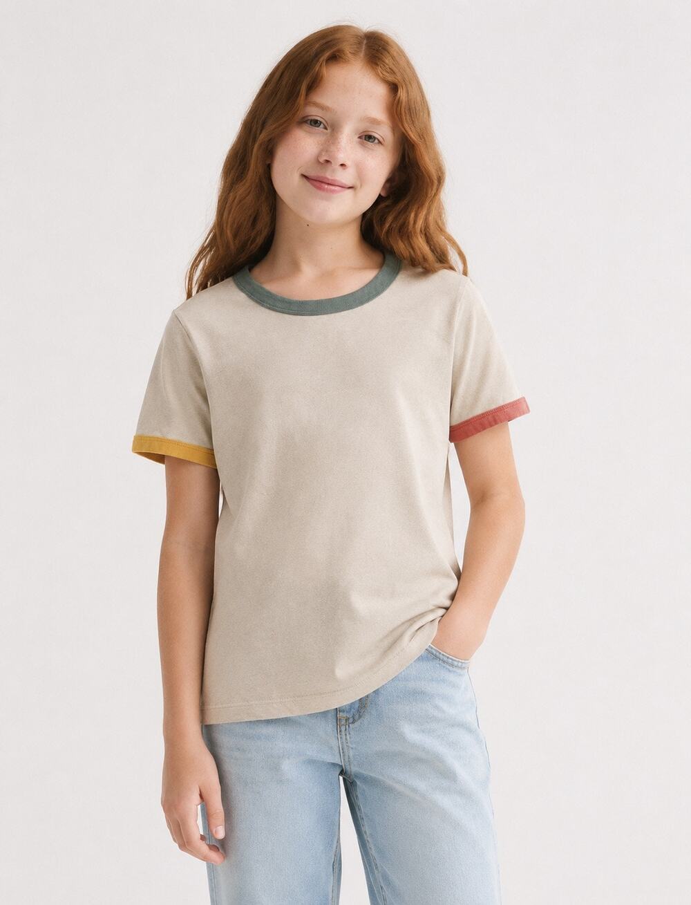 Hanna Andersson Kids L 12 Cream Colorblock Ringer Tee 100% Cotton Unisex Soft
